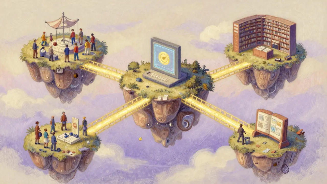 Pastel art of floating islands connected by golden bridges representing the Kick toolset.