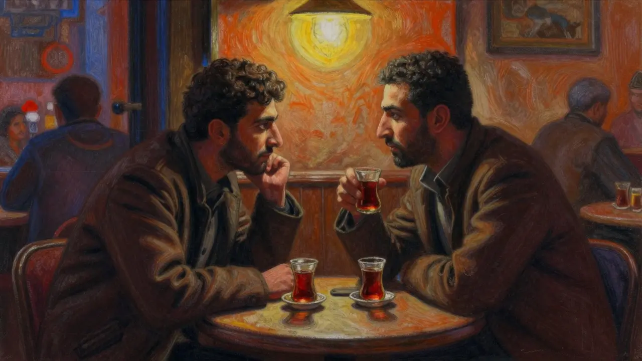 Pastel art of two men whispering secretly in a dimly lit Baghdad cafe.