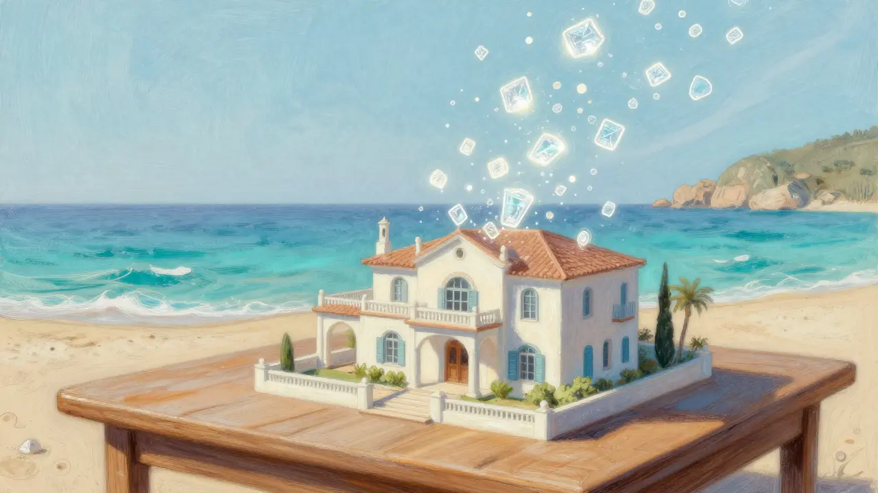 Pastel art showing a beachfront villa transforming into multiple glowing digital tokens.