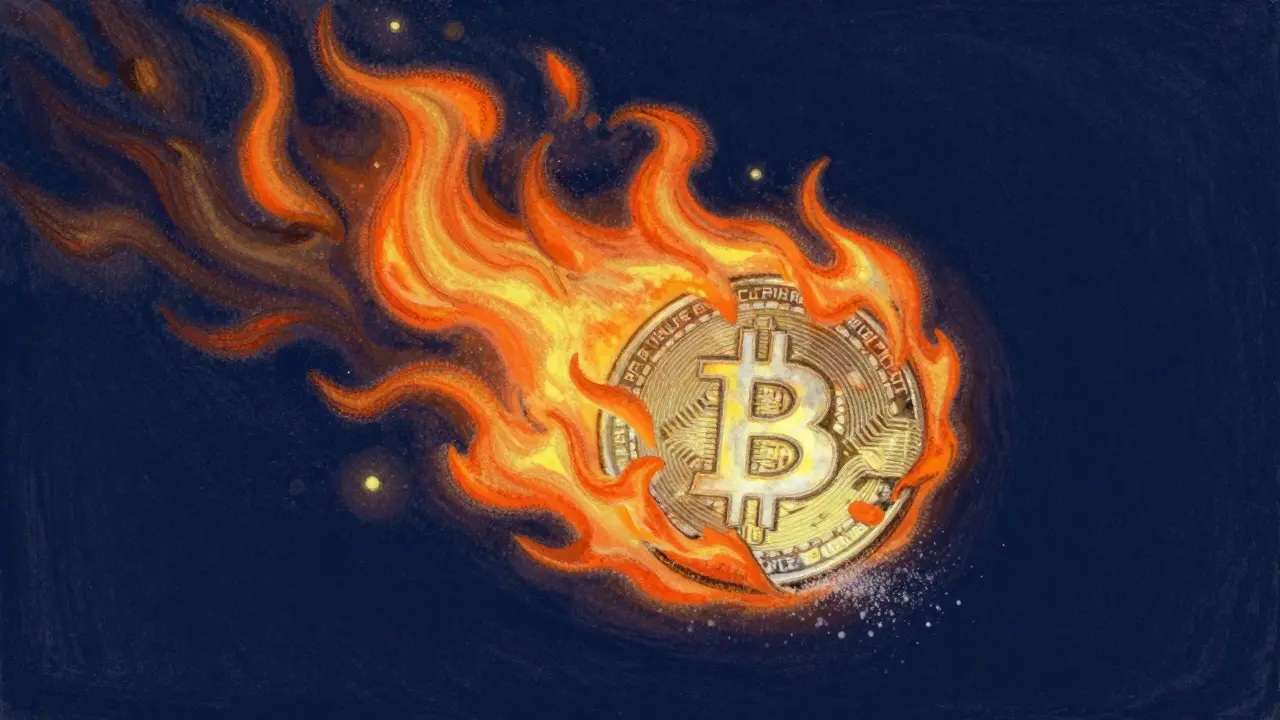 Pastel art showing a digital coin being consumed by artistic flames to represent burning.