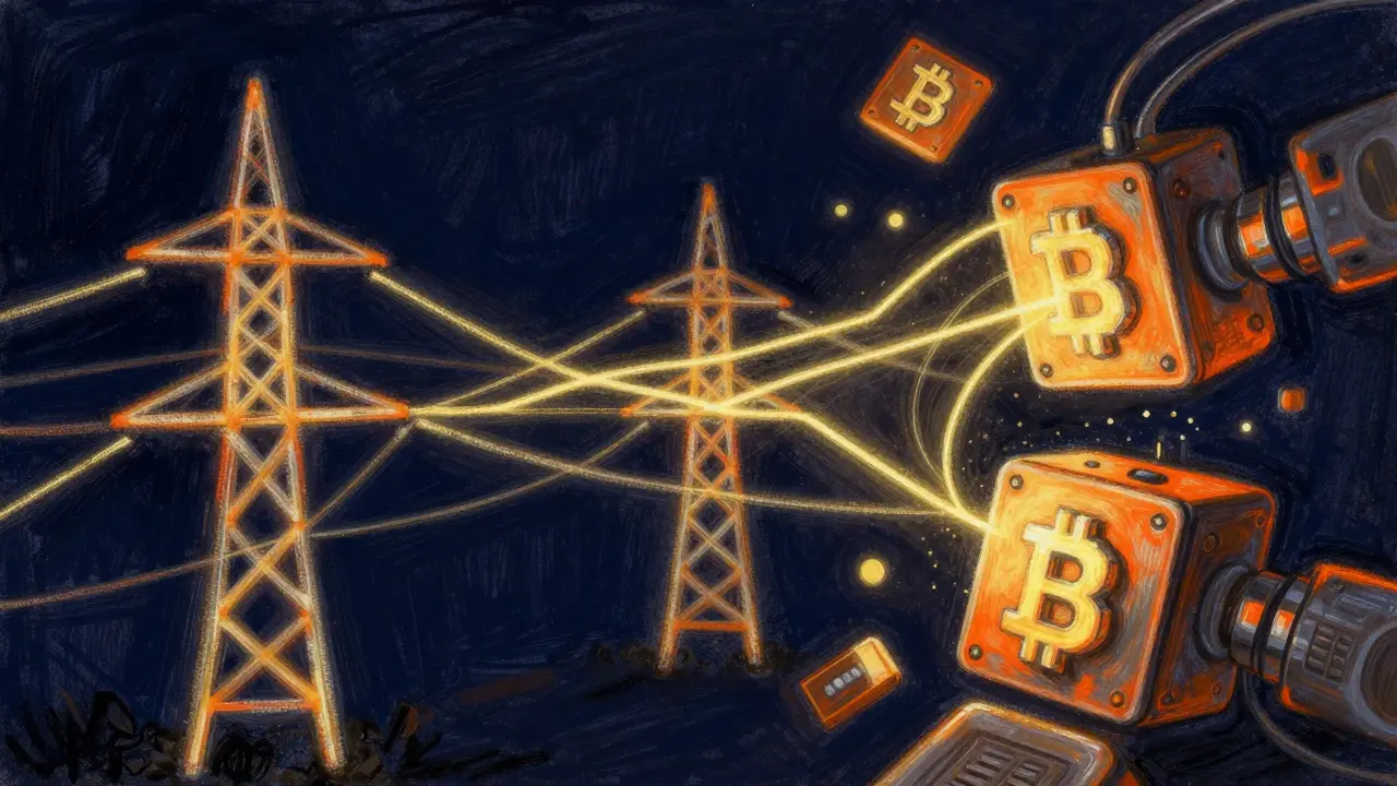 Pastel art showing a power grid strained by cryptocurrency hardware
