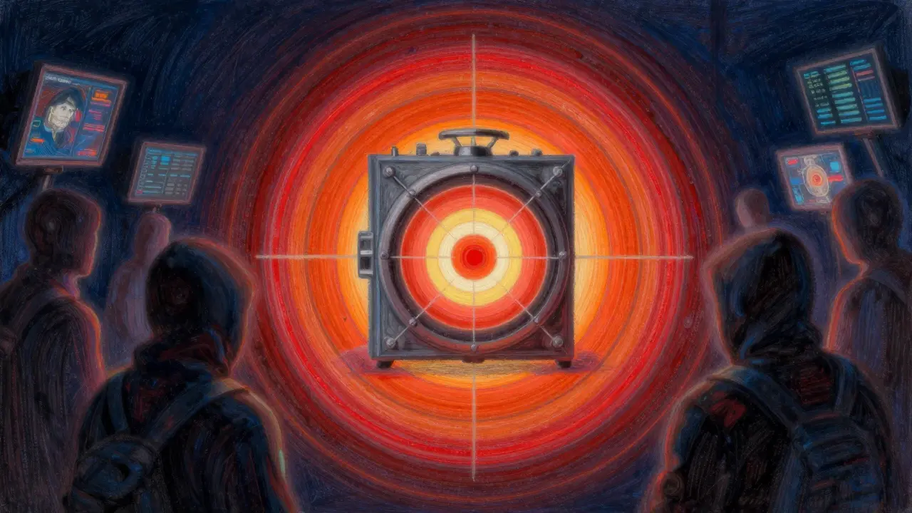 Pastel artwork showing a digital vault inside a red target board surrounded by shadows.