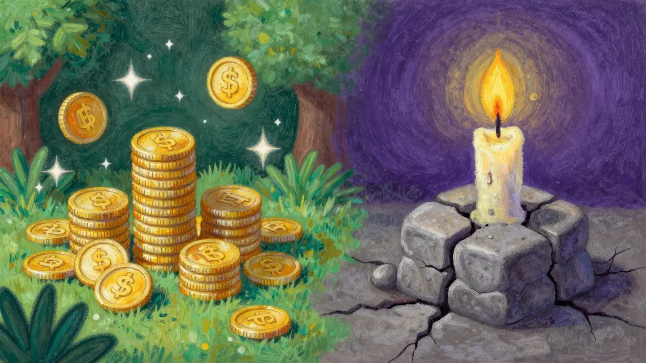 Pastel drawing comparing a golden reward garden with cracked stone foundations.