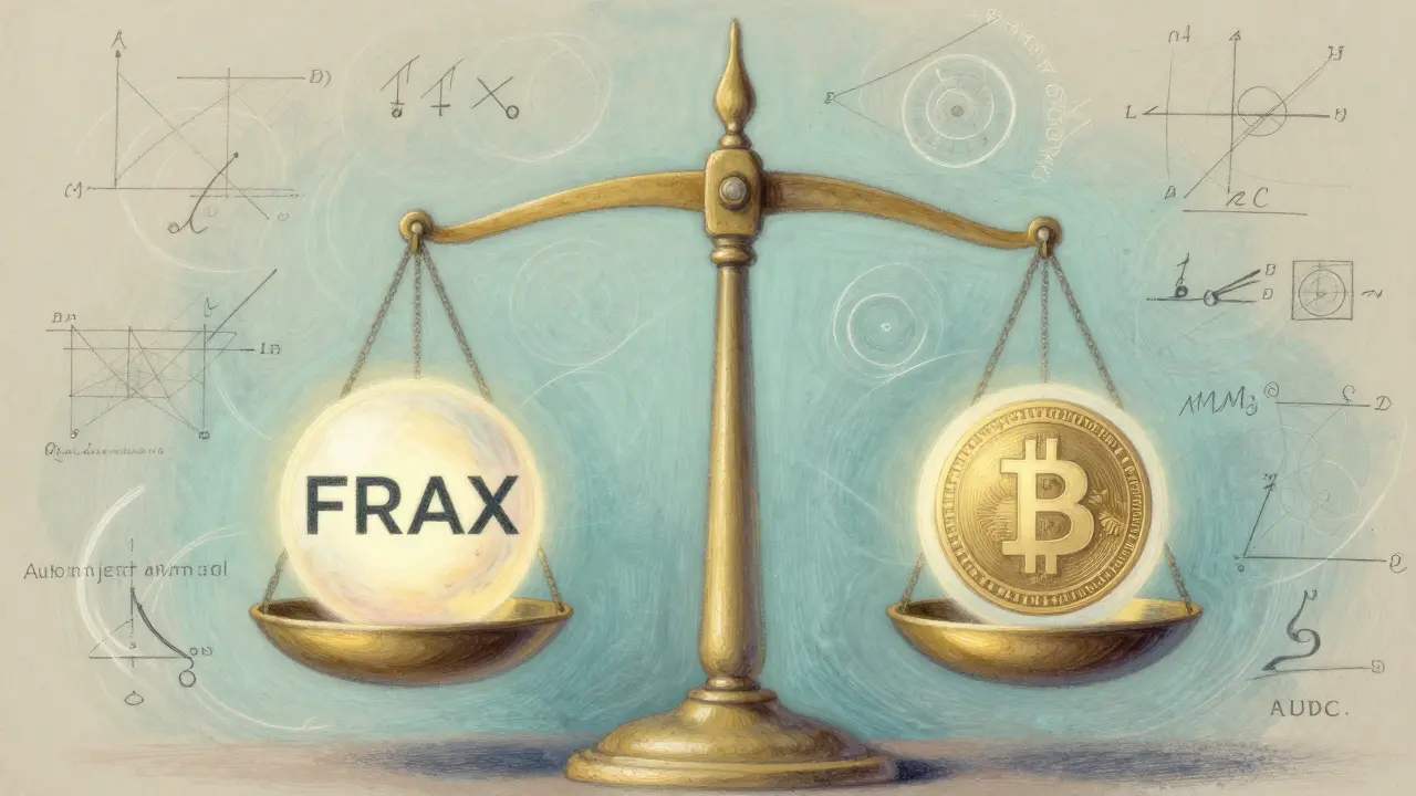 Pastel drawing of a balanced scale holding FRAX and USDC spheres with math formulas.