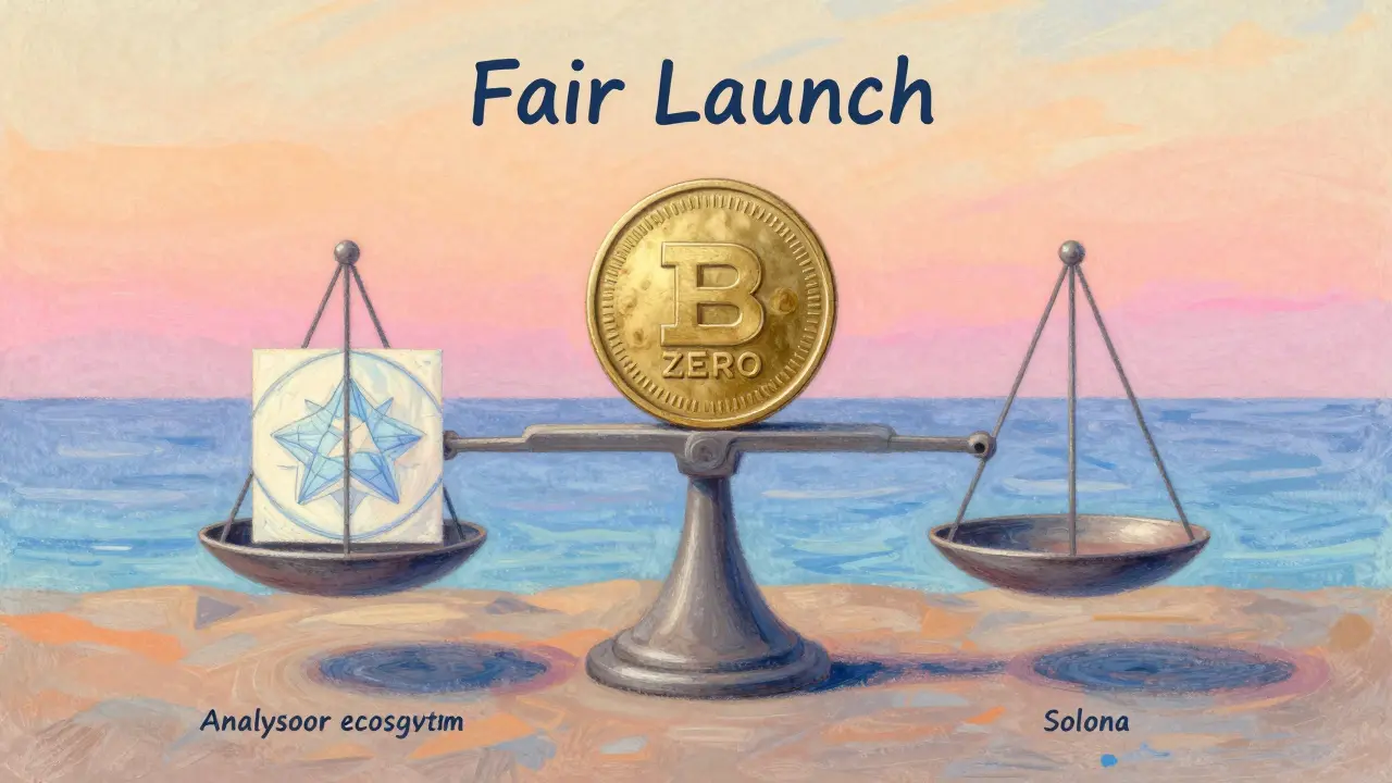 Pastel drawing of a balanced scale with ZERO tokens and NFTs over a sunset sea