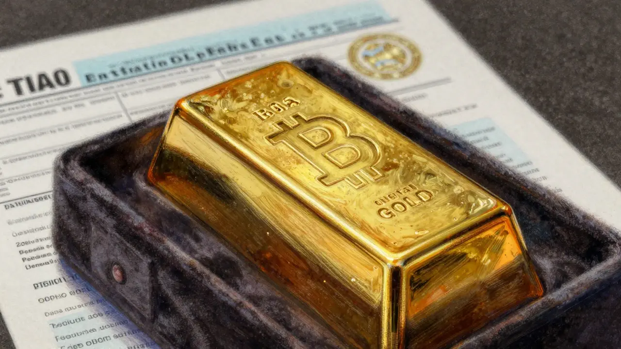 Pastel drawing of a Bitcoin symbol as a gold bar in a safe, symbolizing crypto as an investment