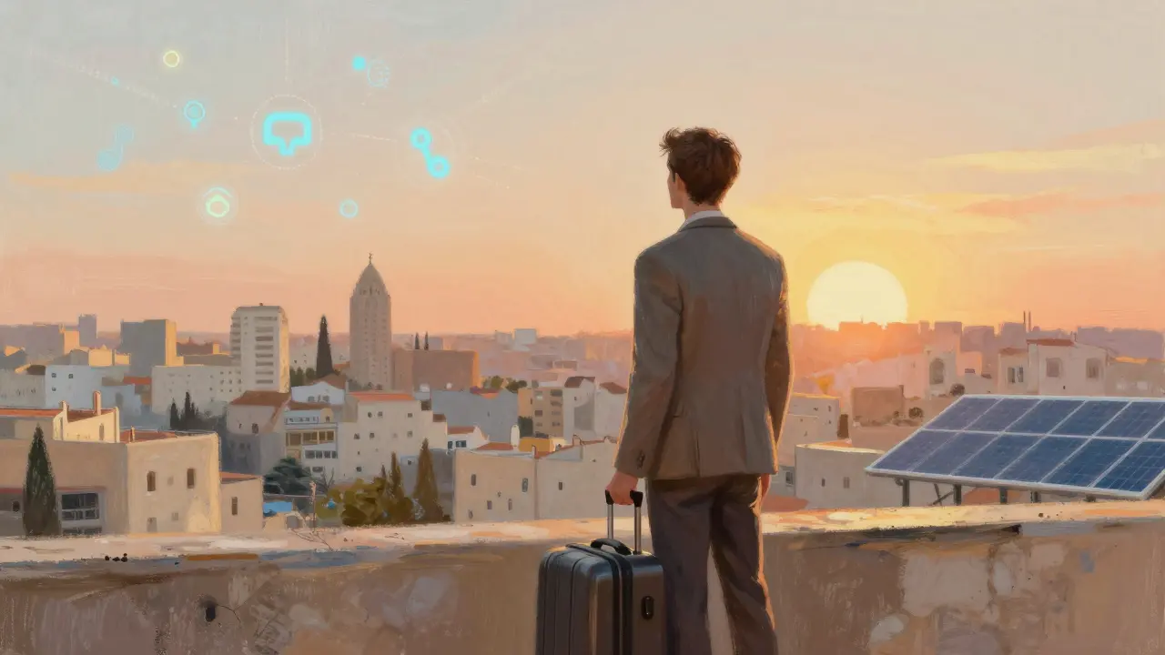 Pastel drawing of a developer leaving Algiers toward a solar-powered future