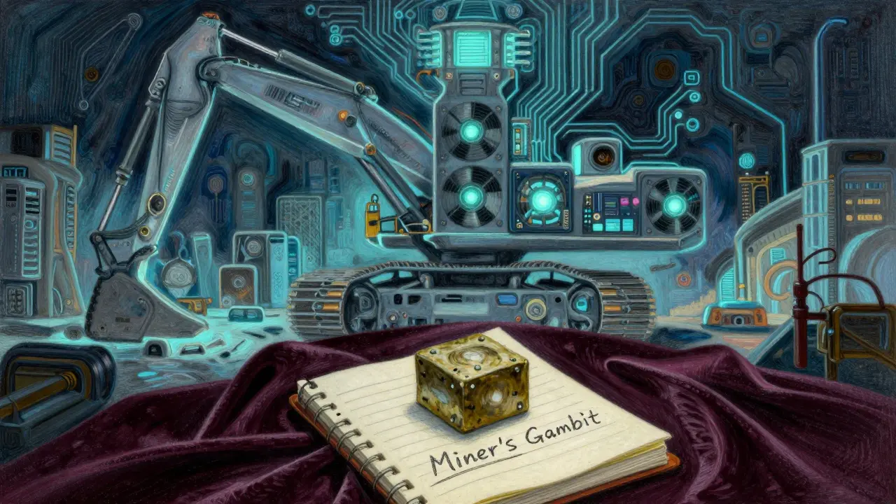 Pastel drawing of a glowing crypto mining rig and a hidden ledger.