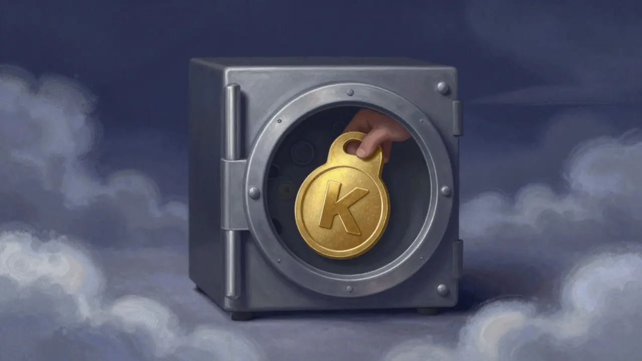 Pastel drawing of a golden K token being stored in a secure digital vault.