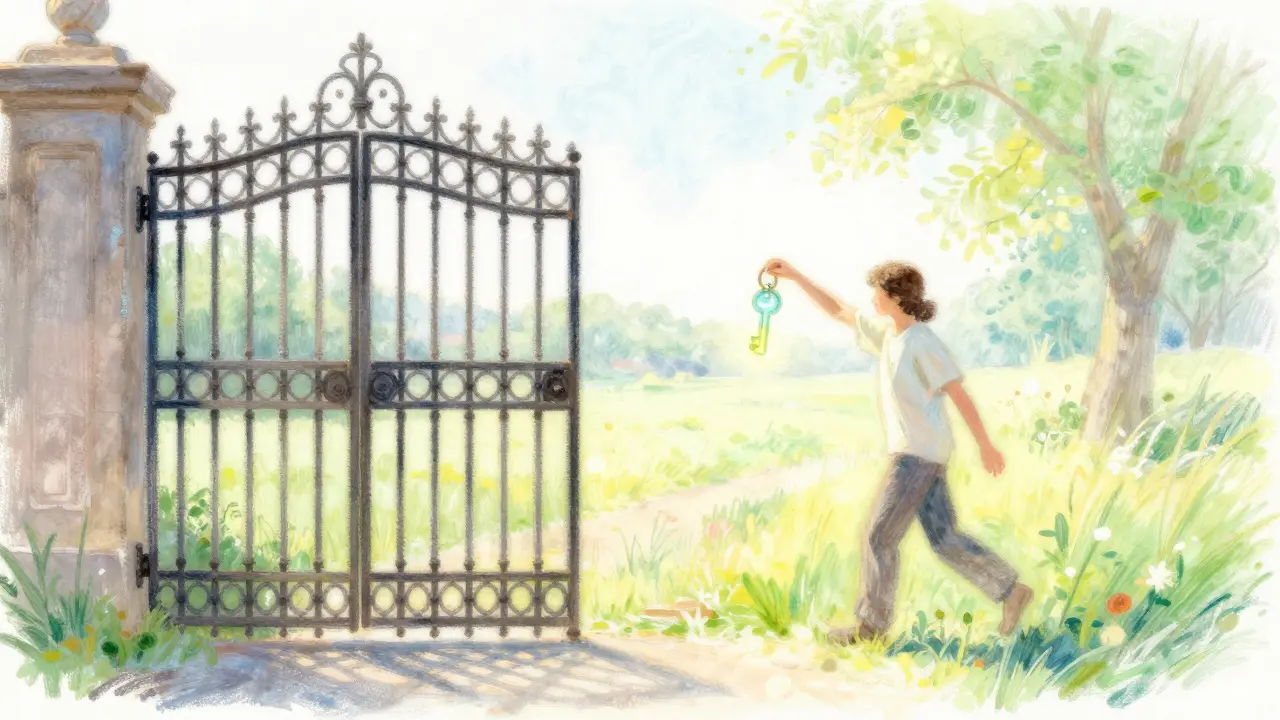 Pastel drawing of a person moving from a closed iron gate toward a bright, open field.