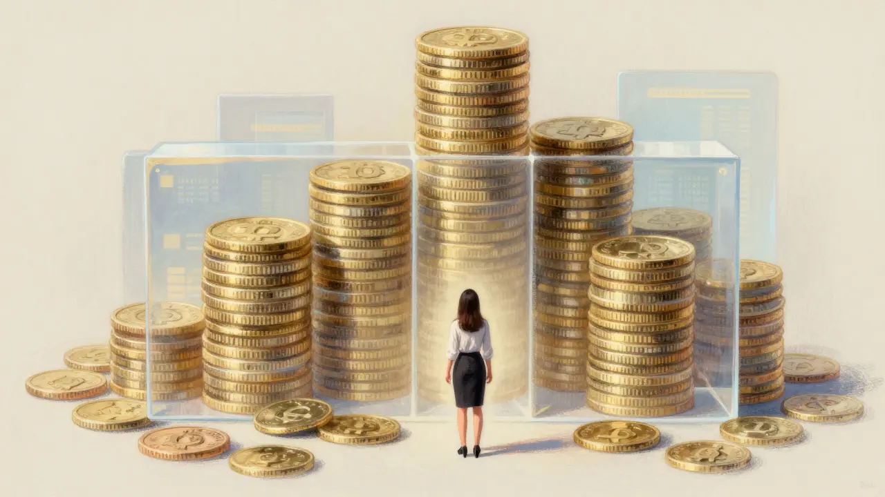 Pastel drawing of a person standing before a towering wall of gold coins and digital blocks.