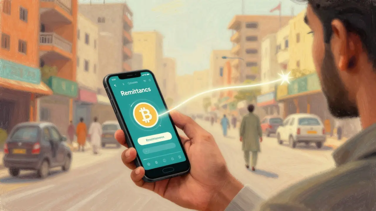 Pastel drawing of a person using a smartphone for instant global remittances in a Pakistani city.