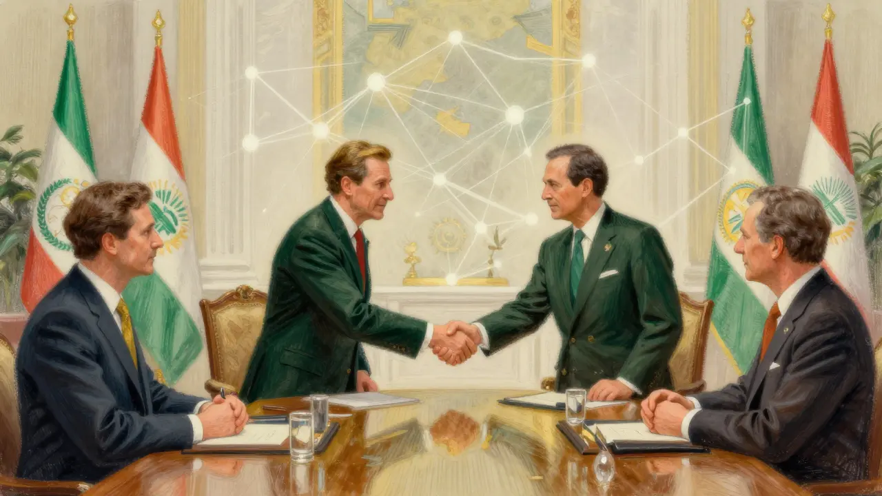 Pastel drawing of officials in a diplomatic meeting with a stylized blockchain network overhead.