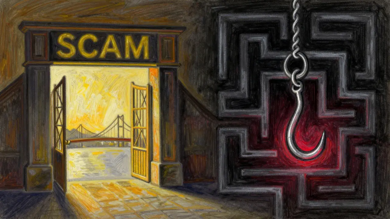 Pastel illustration contrasting a safe entry portal with a dark, deceptive scam labyrinth