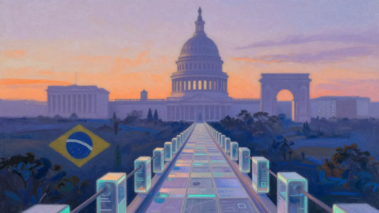 Pastel illustration of a digital bridge connecting Brazil to the US and Portugal