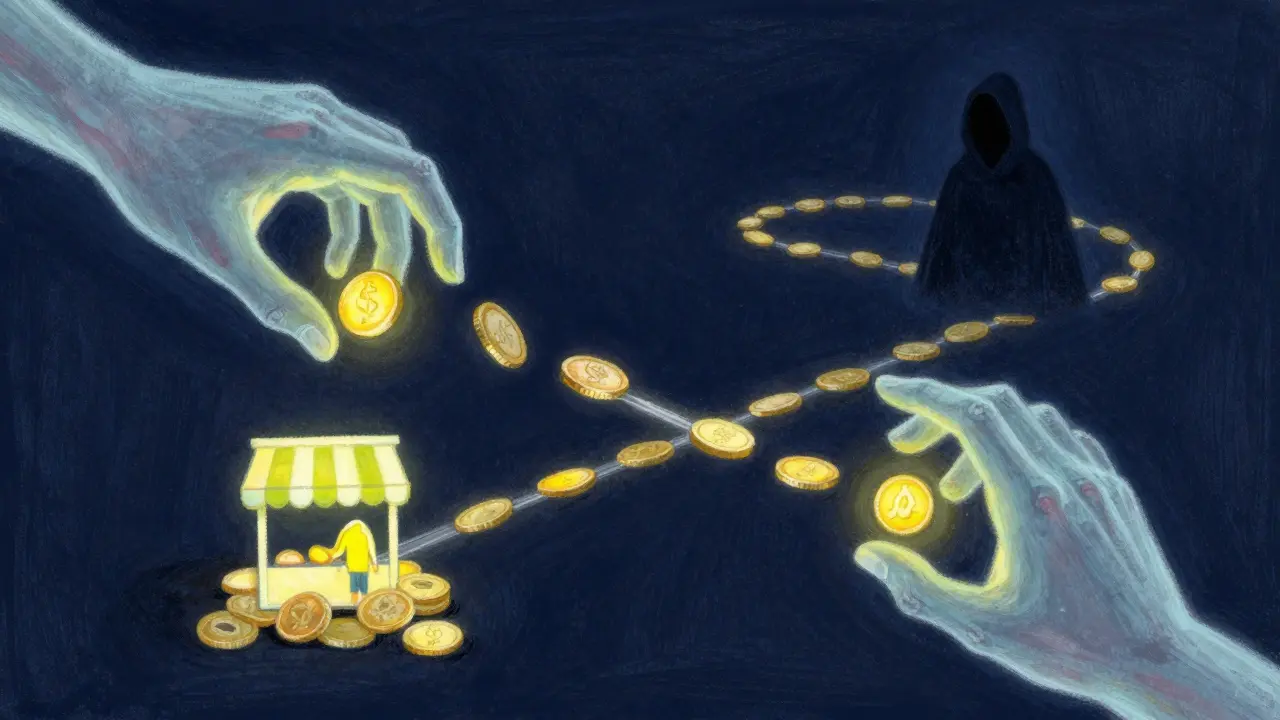 Pastel illustration of a digital shell game with golden coins moving in two directions.