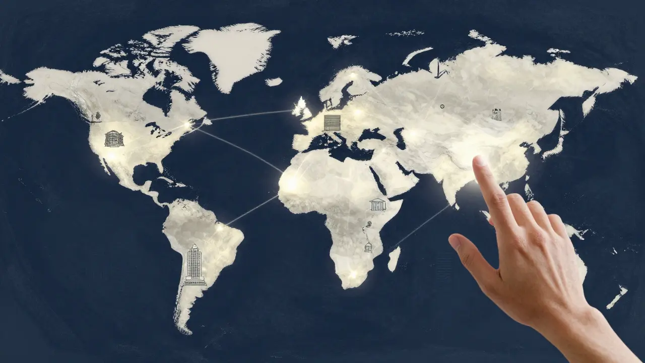 Pastel illustration of a global map connecting international properties through digital nodes.