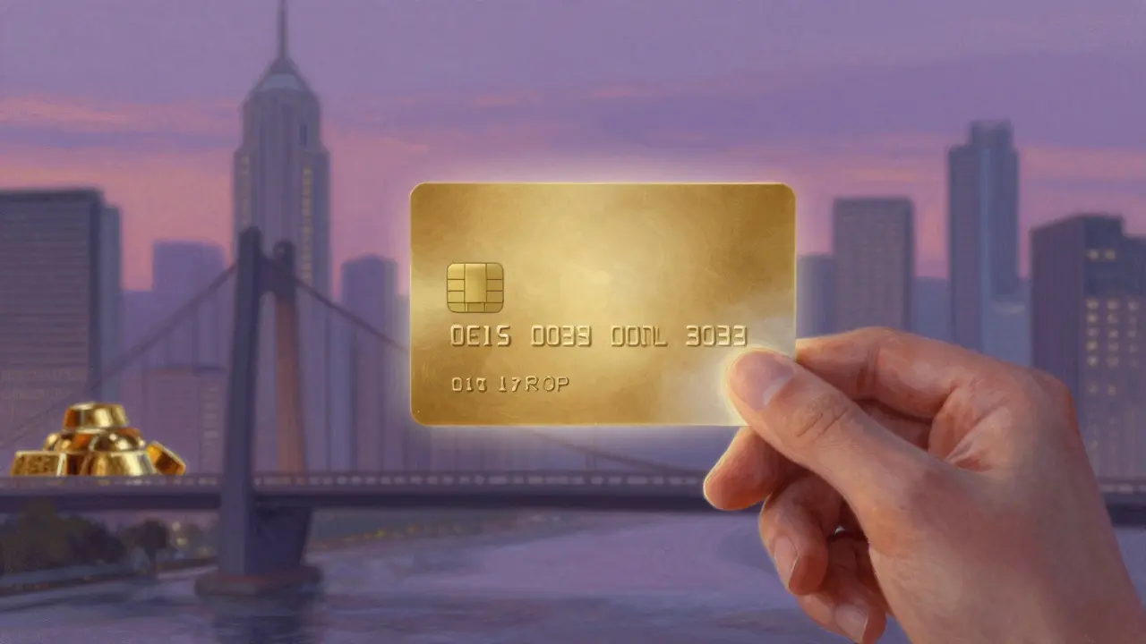 Pastel illustration of a glowing crypto debit card against a city backdrop.