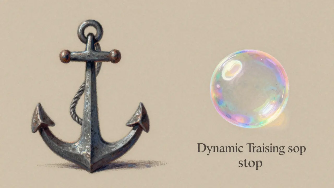 Pastel illustration of a scale balancing an anchor and a floating bubble