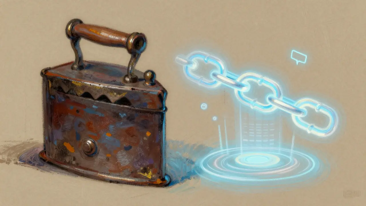 Pastel illustration of a traditional ledger book contrasted with a digital blockchain.