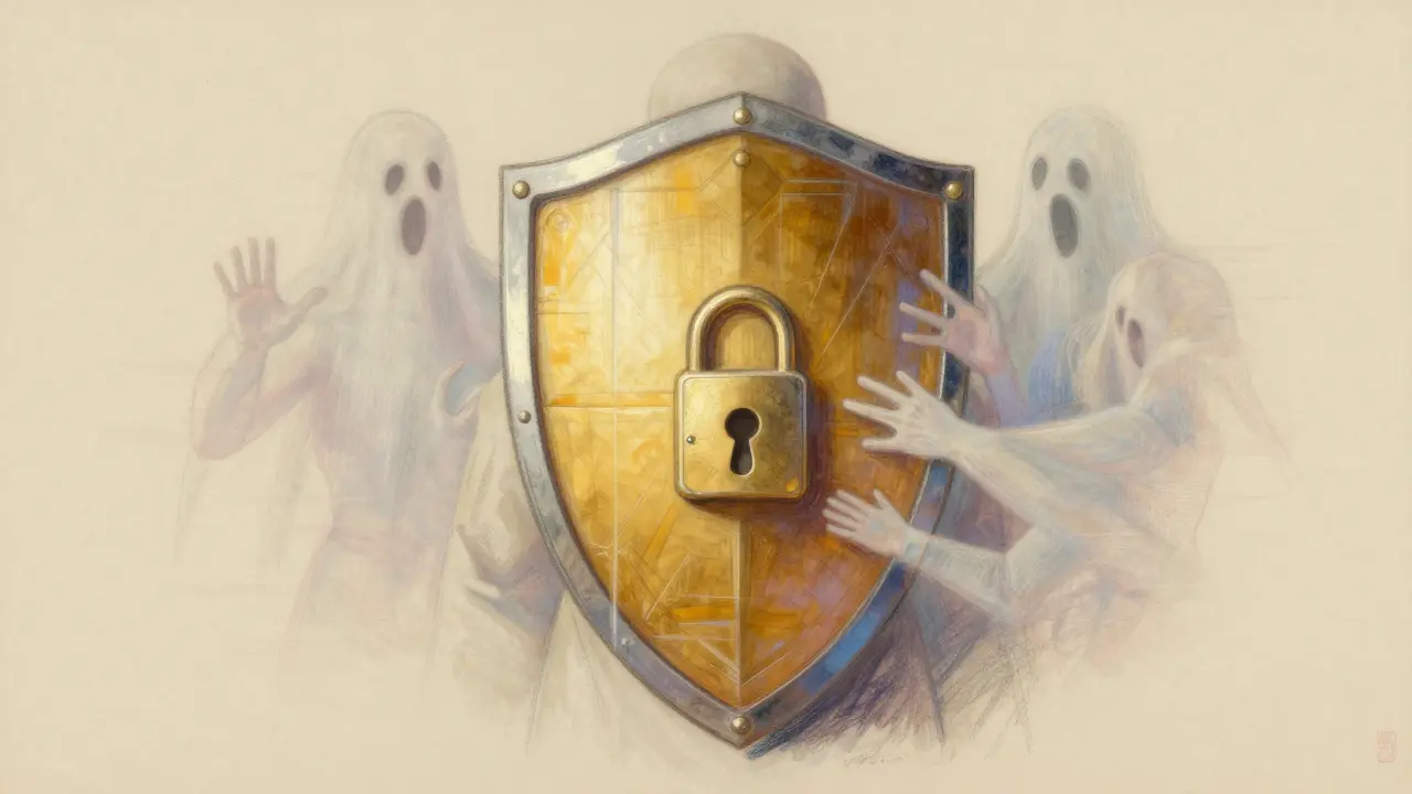 Person behind a golden shield blocking ghostly duplicate figures