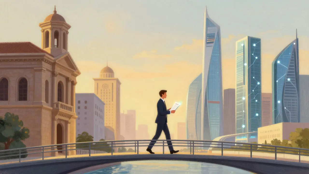 A bridge connecting traditional banks with futuristic crypto architecture in pastel art.