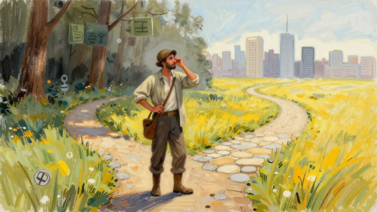 A pastel illustration of a trader choosing between a dark path and a bright one.