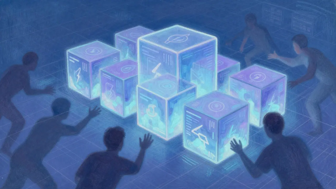 Abstract pastel art of secure blockchain blocks protecting energy data