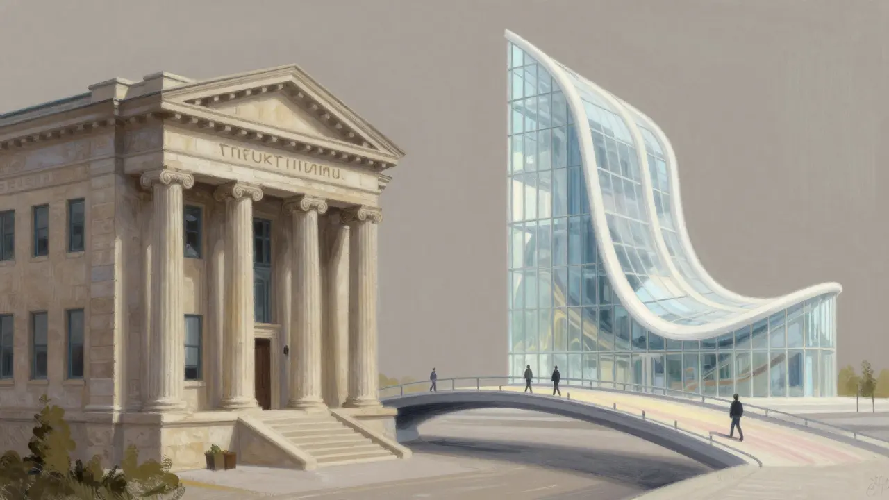 Comparison of Ethereum and Solana blockchains as buildings in pastel style