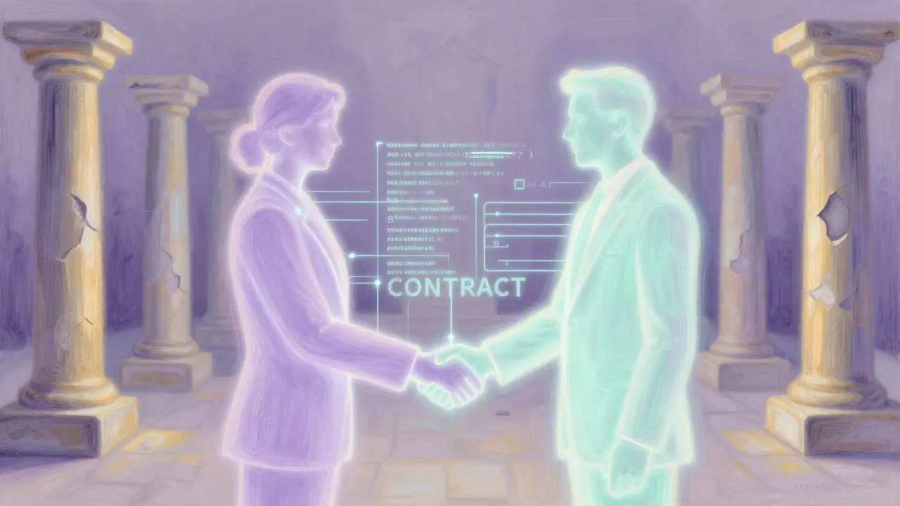 Ethereal digital handshake replacing crumbling pillars in pastel