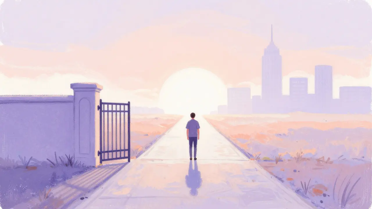 Figure standing at a gateway path in soft lavender pastel style