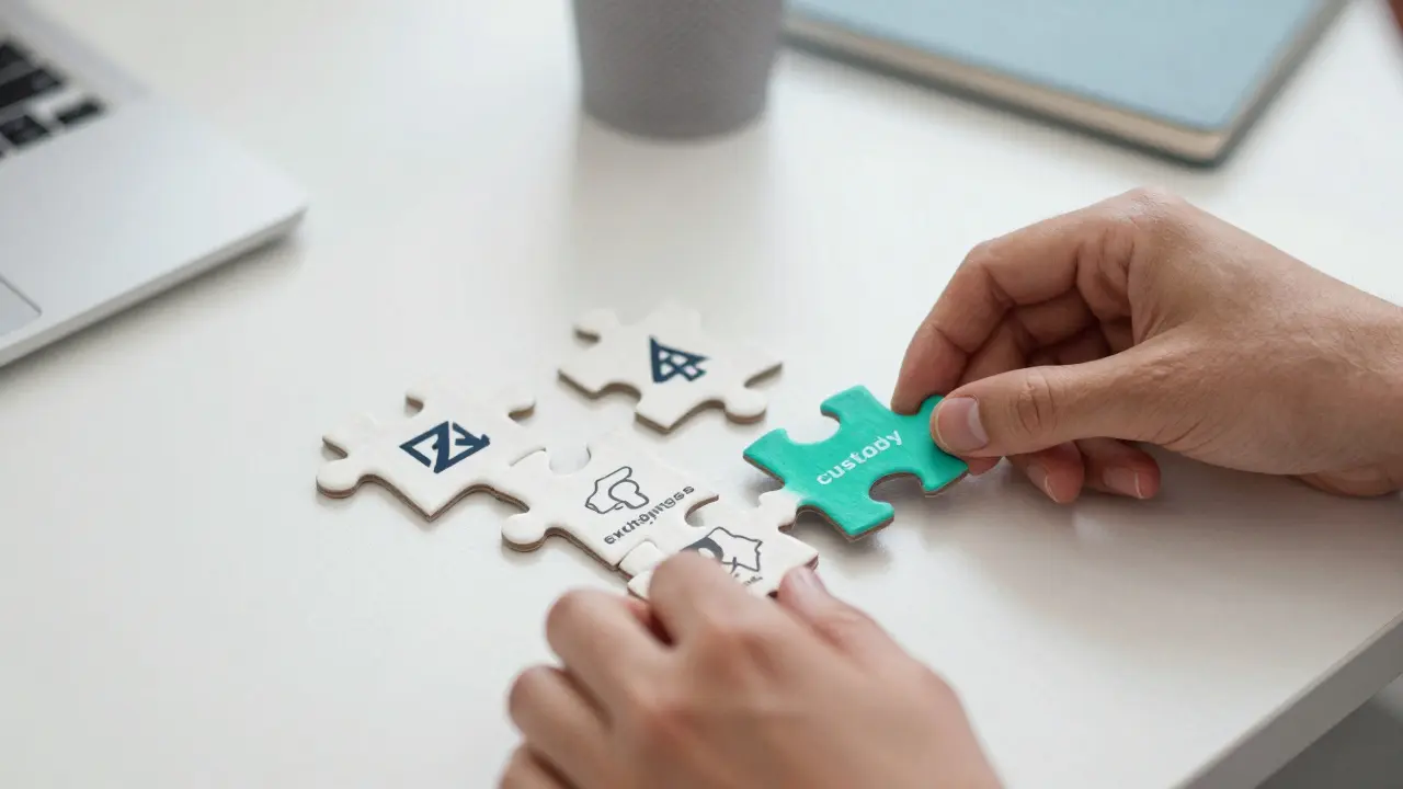 Hands assembling modular puzzle pieces representing specific crypto business activities.