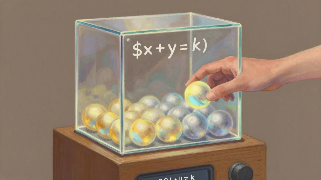 Pastel art of a glass box with balanced orbs, representing automated market makers.