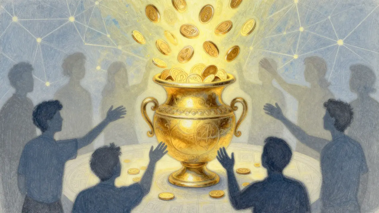 Pastel art of a golden urn overflowing with coins for winners