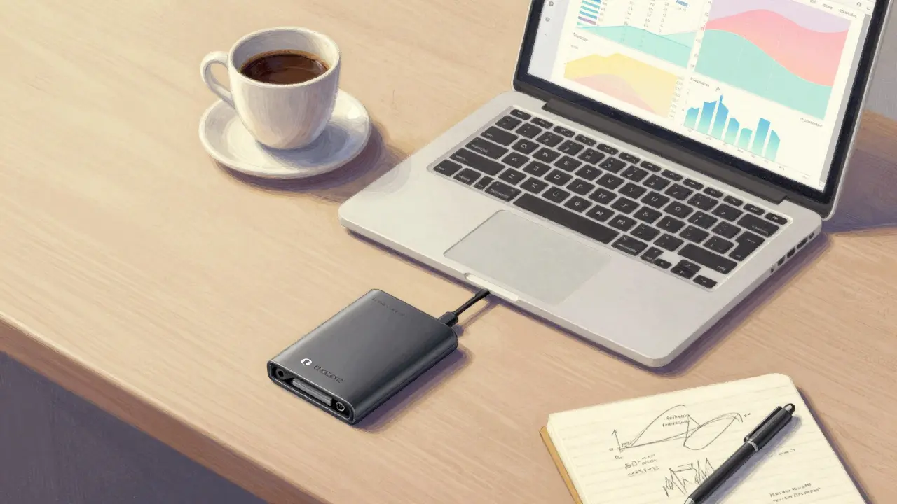 Pastel art of a hardware wallet connected to a laptop showing crypto charts on a desk