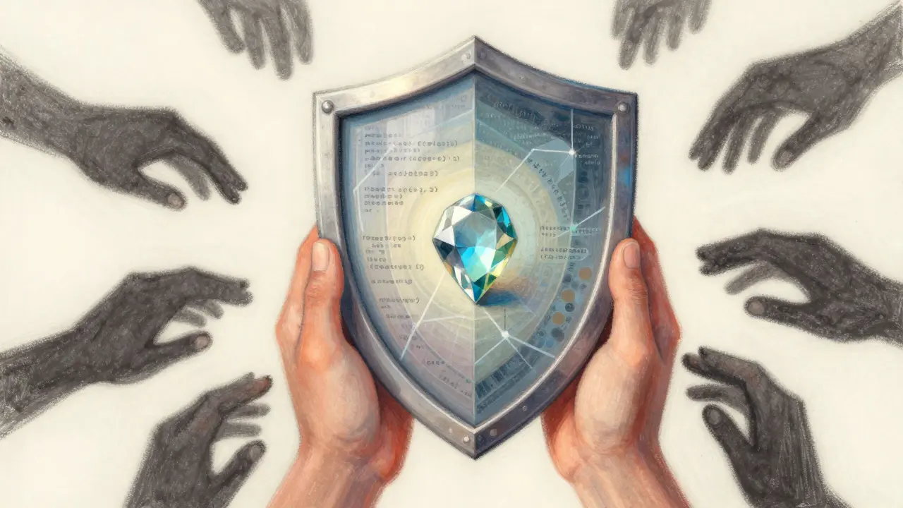 Pastel art of layered shields protecting assets from scam shadows