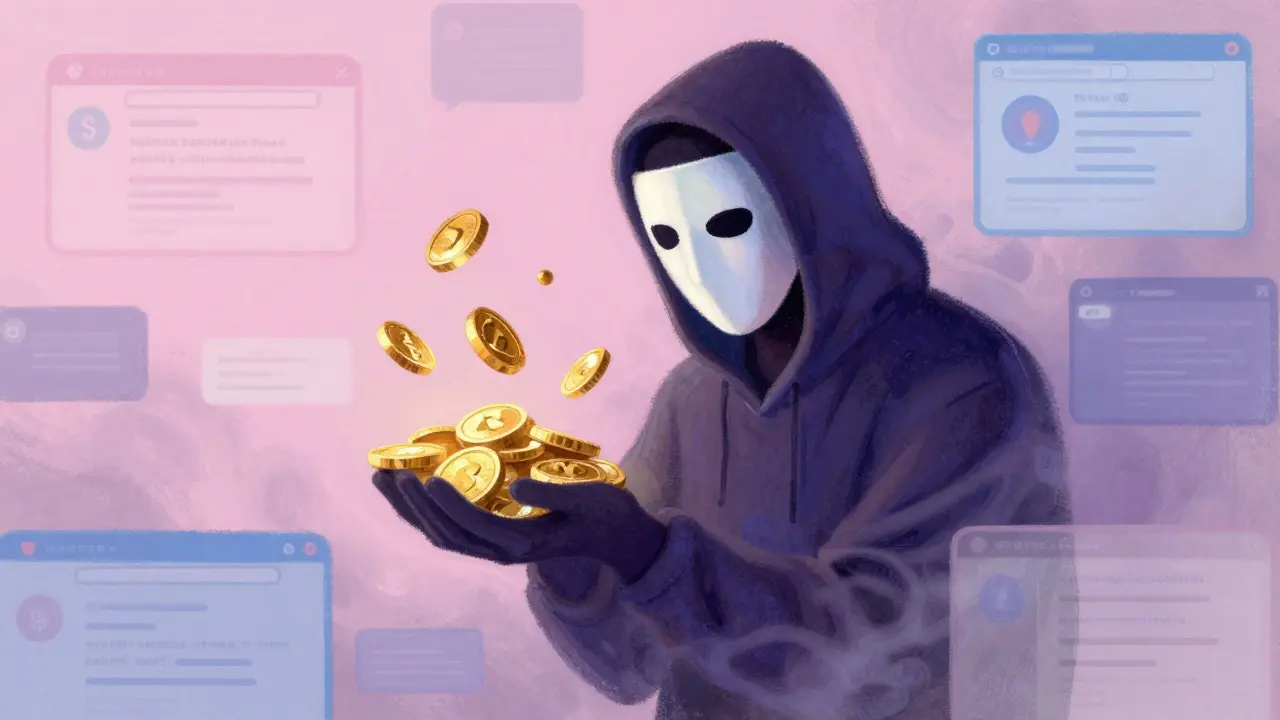 Pastel art of shadowy scammer offering fake gold coins from fog