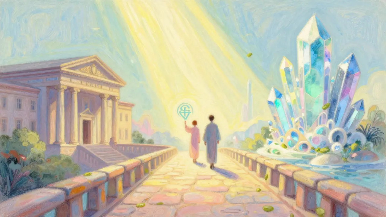 Pastel art showing a bridge connecting traditional finance buildings to futuristic DeFi structures.