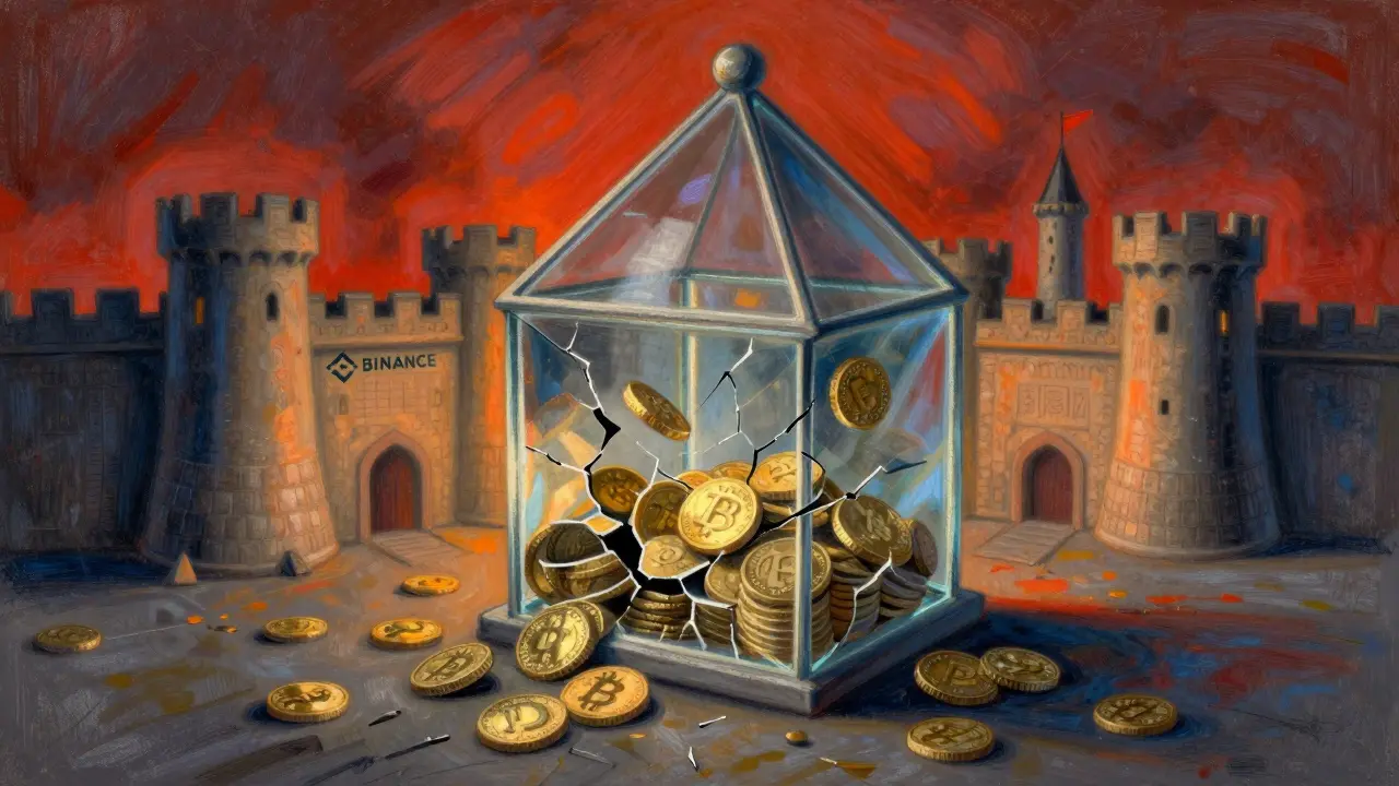 Pastel art showing a cracking glass house of coins next to a secure fortress.