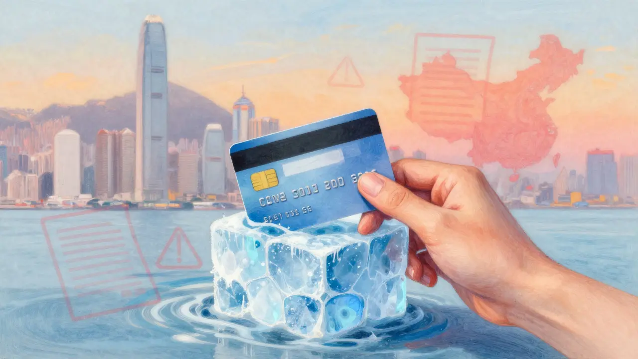 Pastel art showing a frozen debit card surrounded by legal warnings and restrictions.