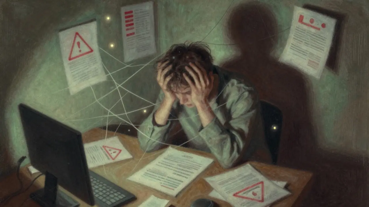 Pastel art showing a frustrated trader surrounded by warning signs and tangled web symbols.
