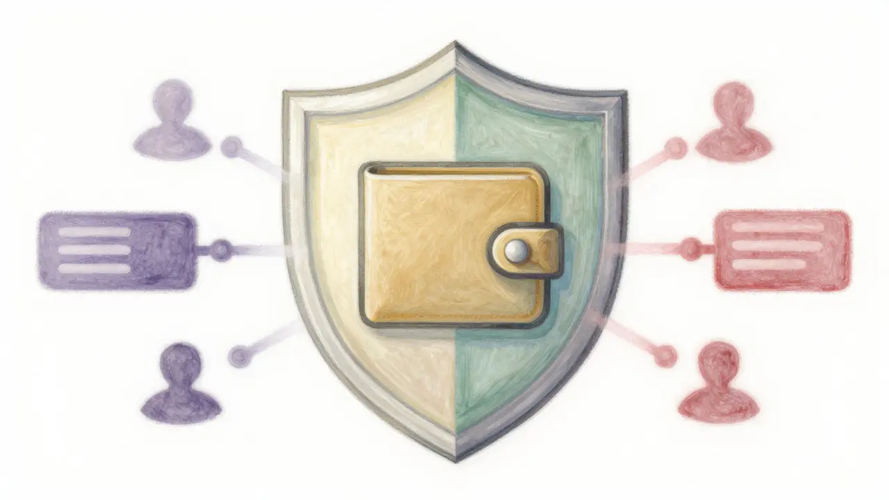 Pastel art showing a protective shield guarding a crypto wallet from scams.