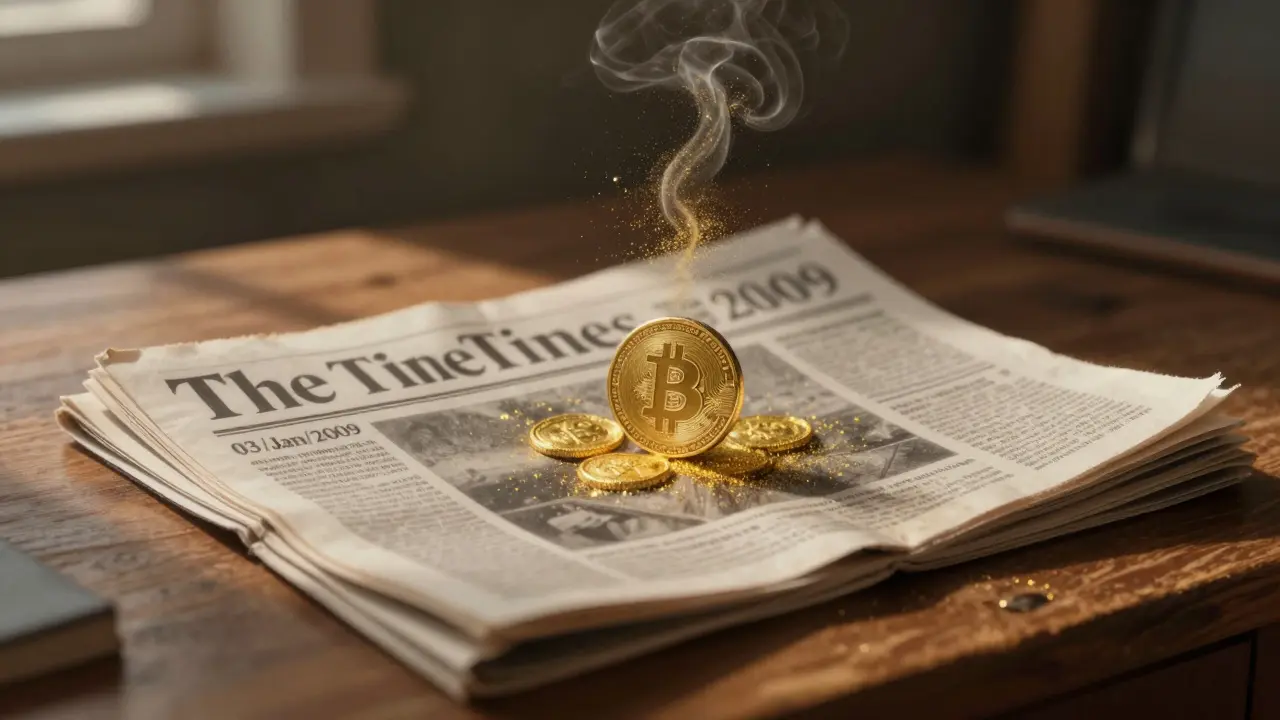 Pastel art showing a vintage newspaper with floating gold dust symbolizing the unspendable Bitcoin reward.