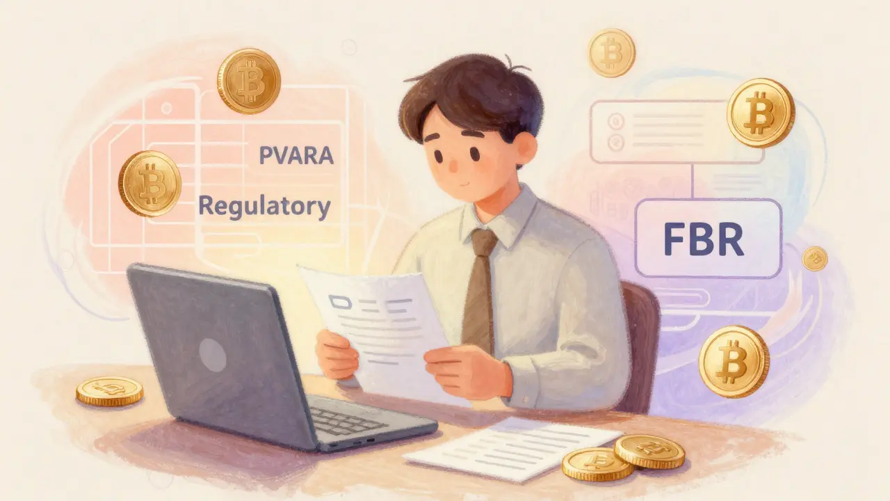Pastel art showing crypto regulation documents and digital currency flow