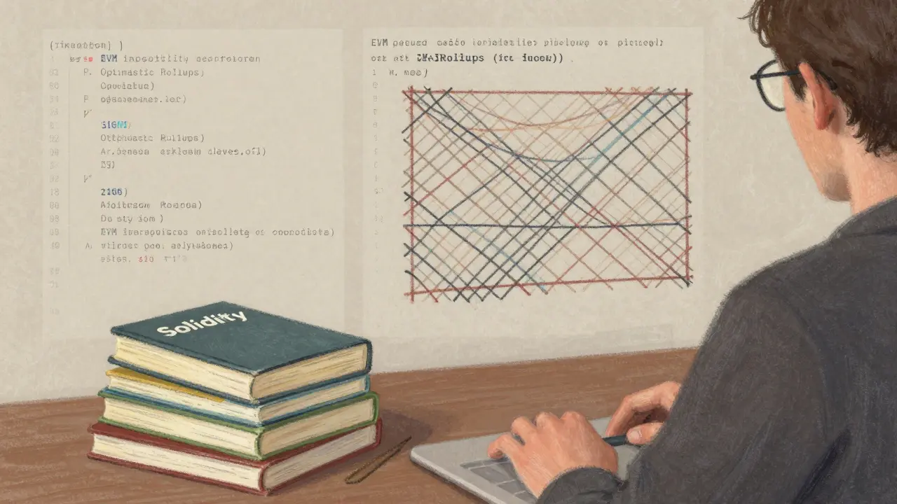 Pastel art showing easy Solidity deployment for Optimistic chains versus complex ZK coding.
