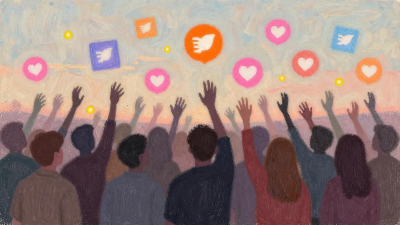 Pastel art showing silhouettes competing for floating social media icons