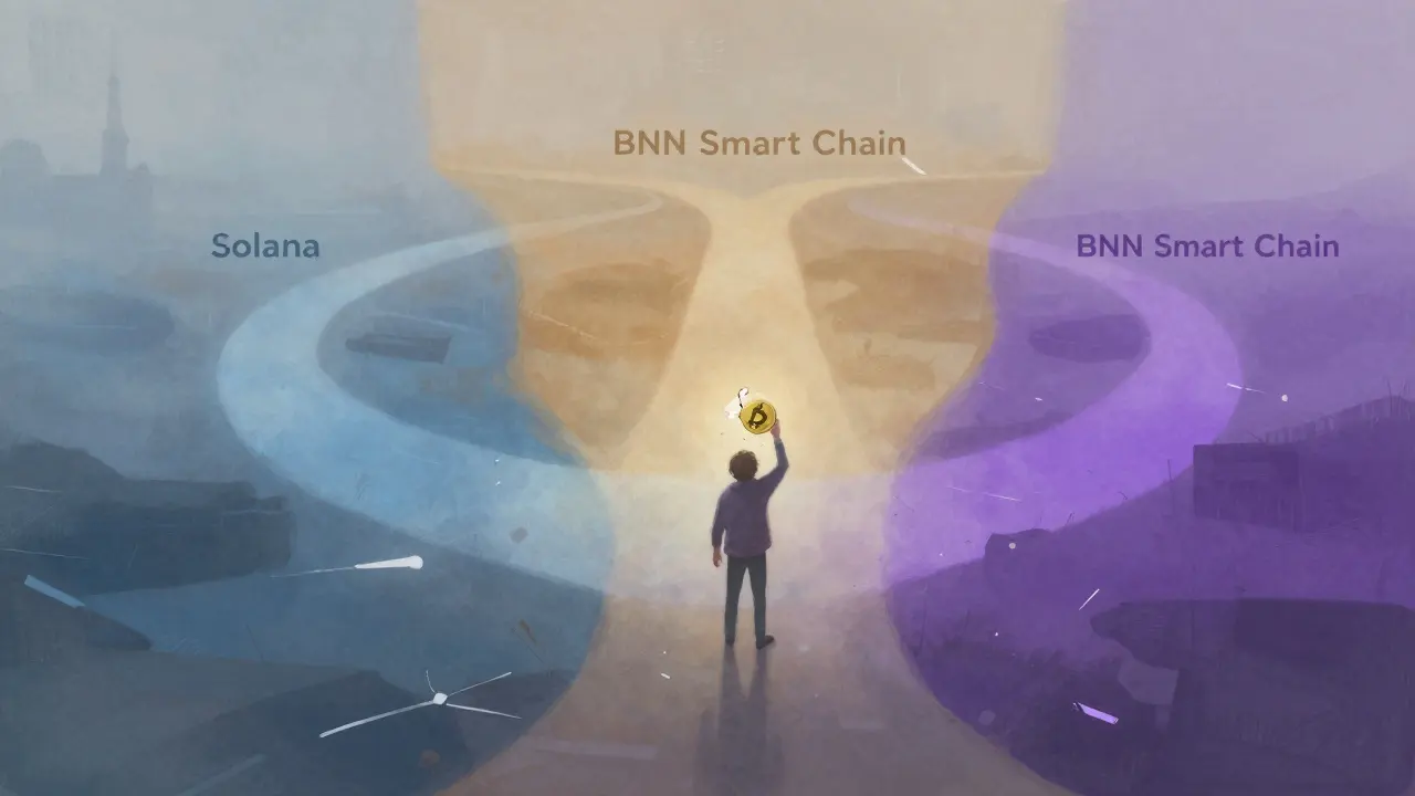 Pastel art showing three diverging foggy paths, representing blockchain confusion and risk.