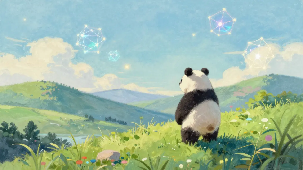 Pastel drawing of a panda on a hill overlooking a digital blockchain horizon