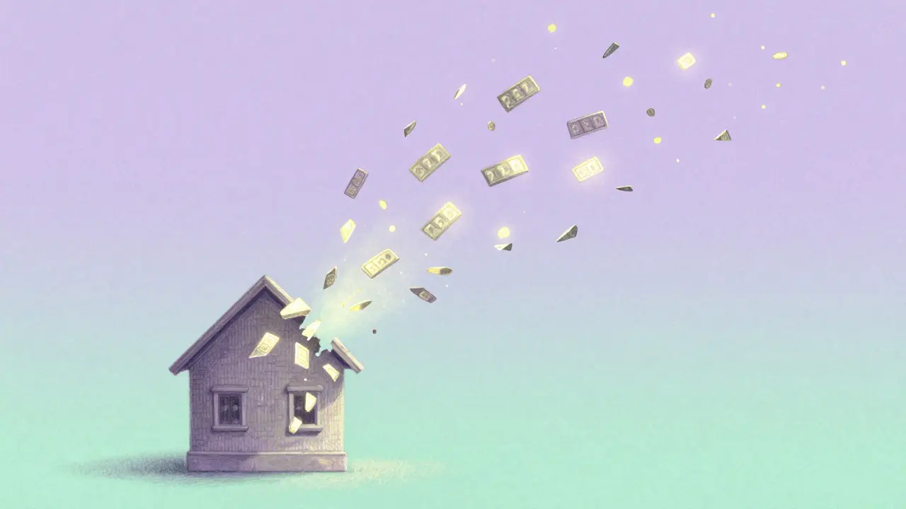 Pastel drawing of building breaking into floating digital tokens