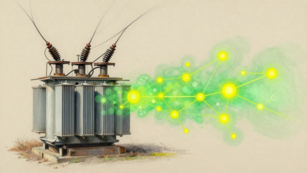 Pastel illustration blending old transformers with new digital grid nodes